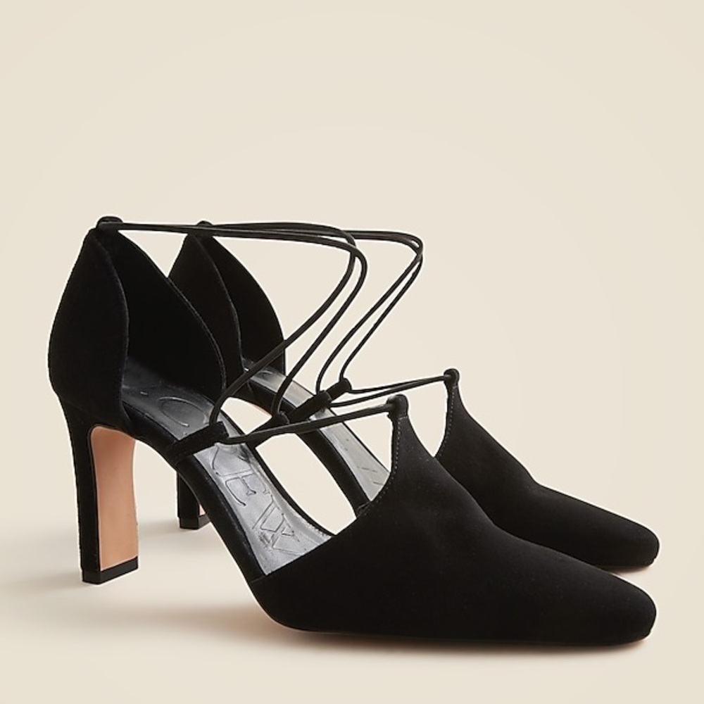 New J Crew Jules Made-in-Spain Cross-Strap CE820 Pumps Black Suede Heel Size 7.5